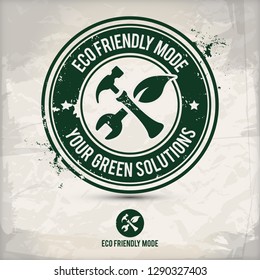 alternative eco mode stamp containing: two environmentally sound eco motifs in circle frames, grunge ink rubber stamp effect, textured paper background, eps10 vector illustration