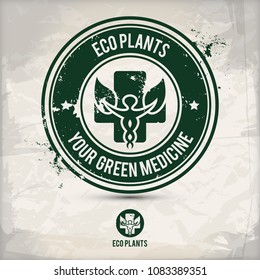 alternative eco plants stamp containing: two variations of environmentally sound eco motifs, grunge ink rubber stamp effect, textured watercolor carton paper background, eps10 vector illustration