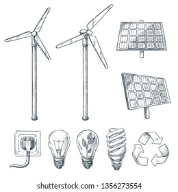 Alternative eco and renewable energy sources. Vector hand drawn sketch illustrations. Wind generator and solar battery symbol isolated on white background.