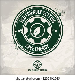 alternative eco setting stamp containing: two environmentally sound eco motifs in circle frames, grunge ink rubber stamp effect, textured paper background, eps10 vector illustration