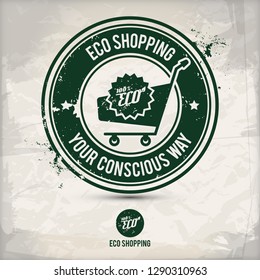 alternative eco shopping stamp containing: two environmentally sound eco motifs in circle frames, grunge ink rubber stamp effect, textured paper background, eps10 vector illustration