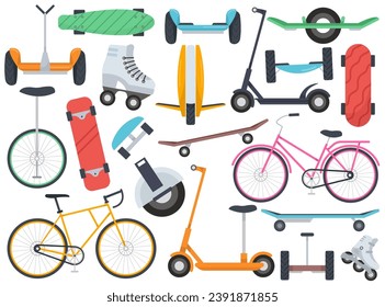 Alternative eco transport for city, environment friendly electric vehicle and recreation equipment set vector illustration. Scooter, bicycle, hoverboard, monocycle, rollerskates, skateboard, longboard