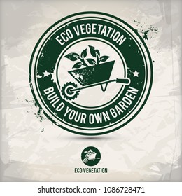 alternative eco vegetation stamp containing: two environmentally sound eco planting motifs in circle frames, grunge ink rubber stamp effect, textured carton paper background, eps10 vector illustration
