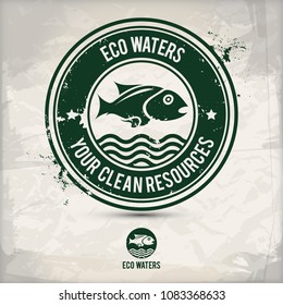alternative eco waters stamp containing: two variations of environmentally sound eco motifs, grunge ink rubber stamp effect, textured watercolor carton paper background, eps10 vector illustration