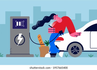  Alternative eco-sustainable lifestyle concept. Young smiling woman cartoon character charging electro car at electric gas station looking at phone vector illustration 