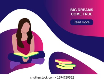 Alternative education banner in flat style. Girl reading a book. Vector illustration