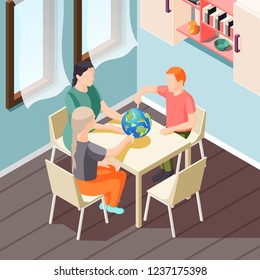 Alternative education isometric background with teacher and pupils during geography lesson vector illustration