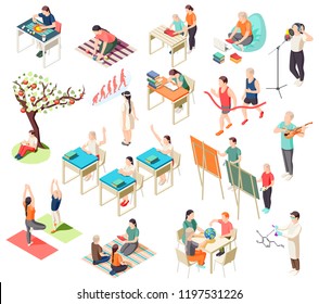 Iconos isométricos de educación alternativa colección con imágenes aisladas de situaciones de desescolarización con personajes humanos de alumnos ilustración vectorial