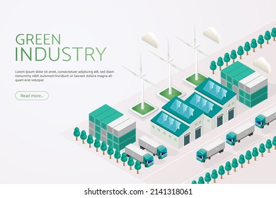 Alternative Electric Power And Renewable Energy In Green Industrial Plants, Solar Panels, Wind Turbines And EV Truck Clean Electric Energy. Isometric Vector Illustration.