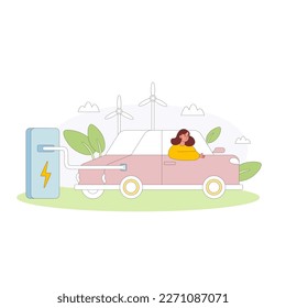 Alternative electric transport, clean tech for nature protection. Girl in electric vehicle near of windmills in green environment. Eco friendly. Color vector graphic, flat art, cartoon illustration