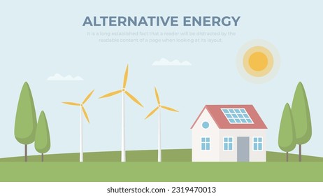Alternative electricity energy resources. Solar panels, windmill power. Eco friendly, smart renewable system. Ecological house vector illustration.
