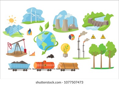 Alternative electricity production icons. Environmentally eco-friendly sources of power. Flat vector elements