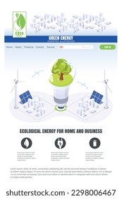 concepto de sitio web de electricidad alternativo. Paneles solares, molinos de viento. Un árbol en una bombilla es un símbolo de protección ambiental. Recursos de ilustración isométrica replenignos