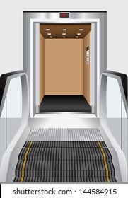 Alternative to the elevator - escalator. Lifting and transportation sectors. Vector illustration.