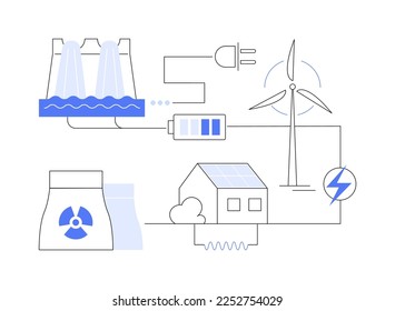 Ilustración vectorial de concepto abstracto de energía alternativa. Tecnologías ecológicas de energía alternativa, ecológicas, nucleares, renovables, paneles solares, turbinas eólicas, metáfora abstracta de energía hidroeléctrica.