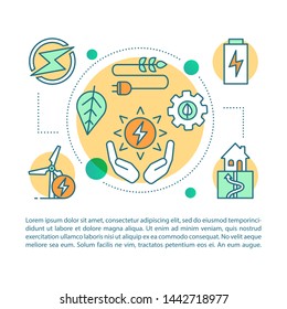 Alternative energy article page vector template. Eco energy, green technology. Brochure, magazine, booklet design element with icons and text boxes. Print design. Concept illustrations with text space