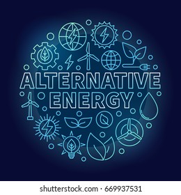 Alternative energy blue illustration - vector round symbol made with wind, solar, water power outline icons