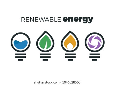 Alternative energy bulb logo. Set of renewable energy symbols, line elements of energy wind, water, fire, vector illustration