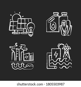 Alternative energy chalk white icons set on black background. Solar panels, geothermal power plant, hydroelectric station and biofuel. Renewable energy. Isolated vector chalkboard illustrations