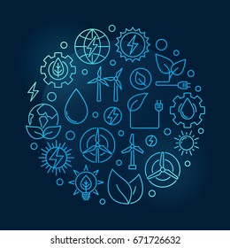 Alternative Energy circular blue illustration. Vector round creative symbol made with solar, bio, wind and water power outline icons on dark background