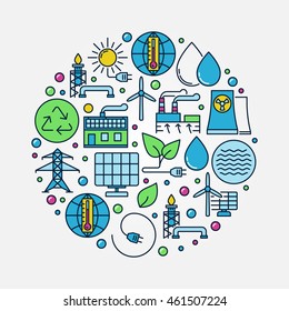 Alternative Energy circular sign. Vector colorful round symbol made with icons of solar, wind, geothermal, biomass renewable energy sources