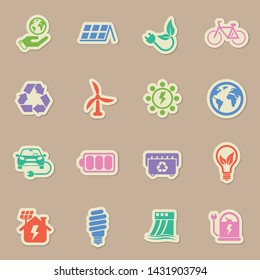 alternative energy color sticker vector icons. save environment and ecology of planet earth. alternative eco energy paper labels with transparent shadow on beige background for web and ui design