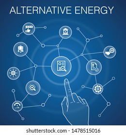 Alternative energy concept, blue background. Solar Power, Wind Power, Geothermal Energy, Recycling icons