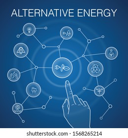 Alternative energy concept, blue background. Solar Power, Wind Power, Geothermal Energy, Recycling icons