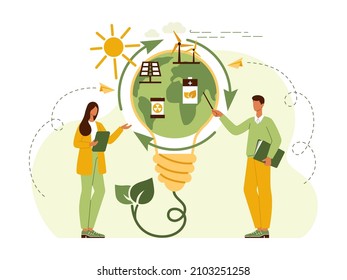 Alternative energy. Concept ecology friendly power and electricity. Solar panel and windmill, atomic reactor, battery, nuclear reactor. Save the environment and planet earth. Flat vector illustration