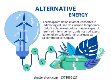 Alternative energy concept in flat style. Windmills generate electricity. Take care of nature and energy, ecology concept. Vector illustration for background and web banners. 
