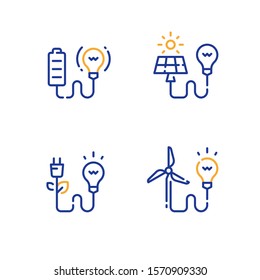 Alternative energy concept, green electrical technology, solar panel, wind turbine, battery and light-bulb, electricity generating, vector line icon set