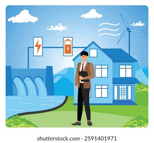 Alternative Energy Concept. Green energy solutions with a professional overseeing sustainable hydropower and solar technologies near a residential area with environmental awareness.