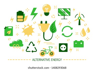 Alternative energy concept. Idea of ecolofy frinedly power and electricity. Save the environment. Solar panel and bio fuel, windmill. Collection of colorful icons. Isolated flat vector illustration