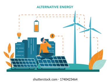 Alternative energy concept. Idea of ecology frinedly power and electricity. Save the environment. Solar panel and windmill. Isolated flat vector illustration