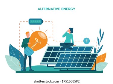 Alternative energy concept. Idea of ecology frinedly power and electricity. Save the environment. Solar panel and windmill. Isolated flat vector illustration