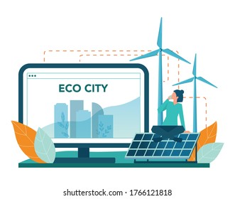Alternative energy concept. Idea of ecology frinedly power and electricity. Save the environment. Solar panel and windmill. Isolated flat vector illustration
