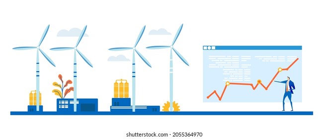 Alternative energy concept illustration, wind turbine generators. Business team talking and making decisions next to wing turbines.