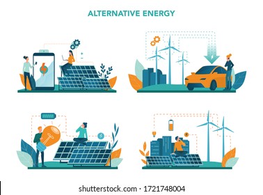 Alternative energy concept set. Idea of ecology frinedly power and electricity. Save the environment. Solar panel and windmill. Isolated flat vector illustration