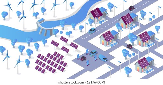 Alternative energy concept vector flat illustration. Isometric car and city house connected to solar panel, wind turbines and hydroelectric power station, Car charge station. Isometric 3d