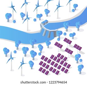 Alternative energy concept vector flat illustration. solar panel, wind turbines and hydroelectric power station. Isometric 3d