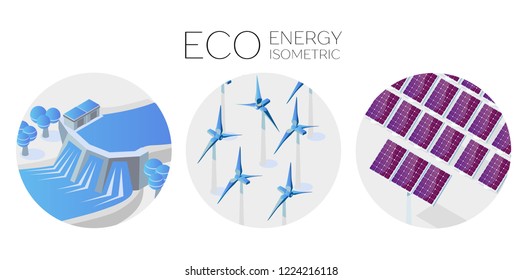 Alternative energy concept vector flat illustration. solar panel, wind turbines and hydroelectric power station. Isometric 3d