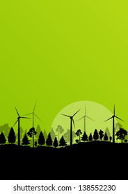 Alternative energy electricity wind generators in countryside forest nature landscape illustration background vector