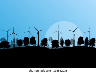 Alternative energy electricity wind generators in countryside forest nature landscape illustration background vector