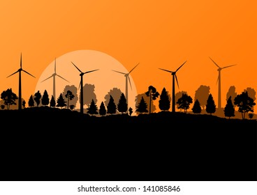 Alternative energy electricity wind generators in countryside forest nature landscape illustration background vector