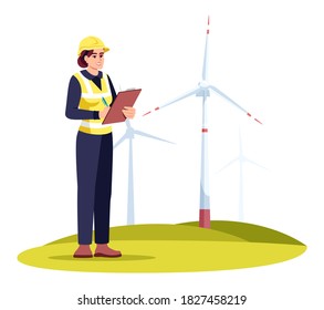 Alternative energy engineer semi flat RGB color vector illustration. Electricity ecological generators. Renewable electric power industry female worker isolated cartoon character on white background