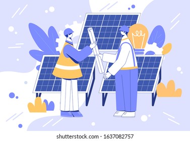 Alternative energy engineering concept. Workers with solar panels. Vector illustration. 