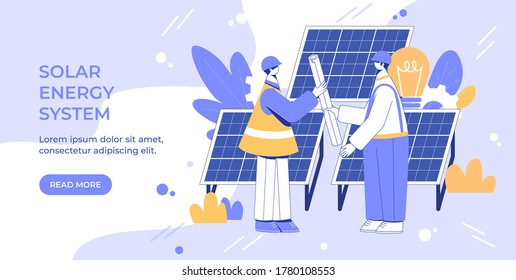 Alternative energy engineering concept. Workers with solar panels. Vector illustration. 