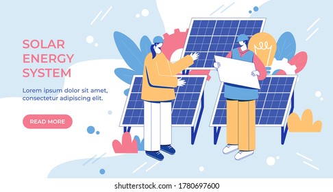 Concepto de ingeniería energética alternativa. Trabajadores con paneles solares. Ilustración vectorial. 