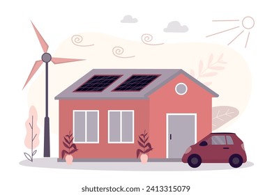 Alternative energy. Environmental care and use clean green energy from renewable sources. Modern eco house with windmills and solar energy panels, electric car near building. flat vector illustration
