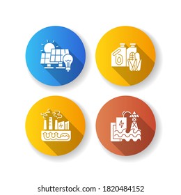 Alternative energy flat design long shadow glyph icons set. Solar panels, geothermal power plant, hydroelectric station and biofuel. Renewable energy. Silhouette RGB color illustrations